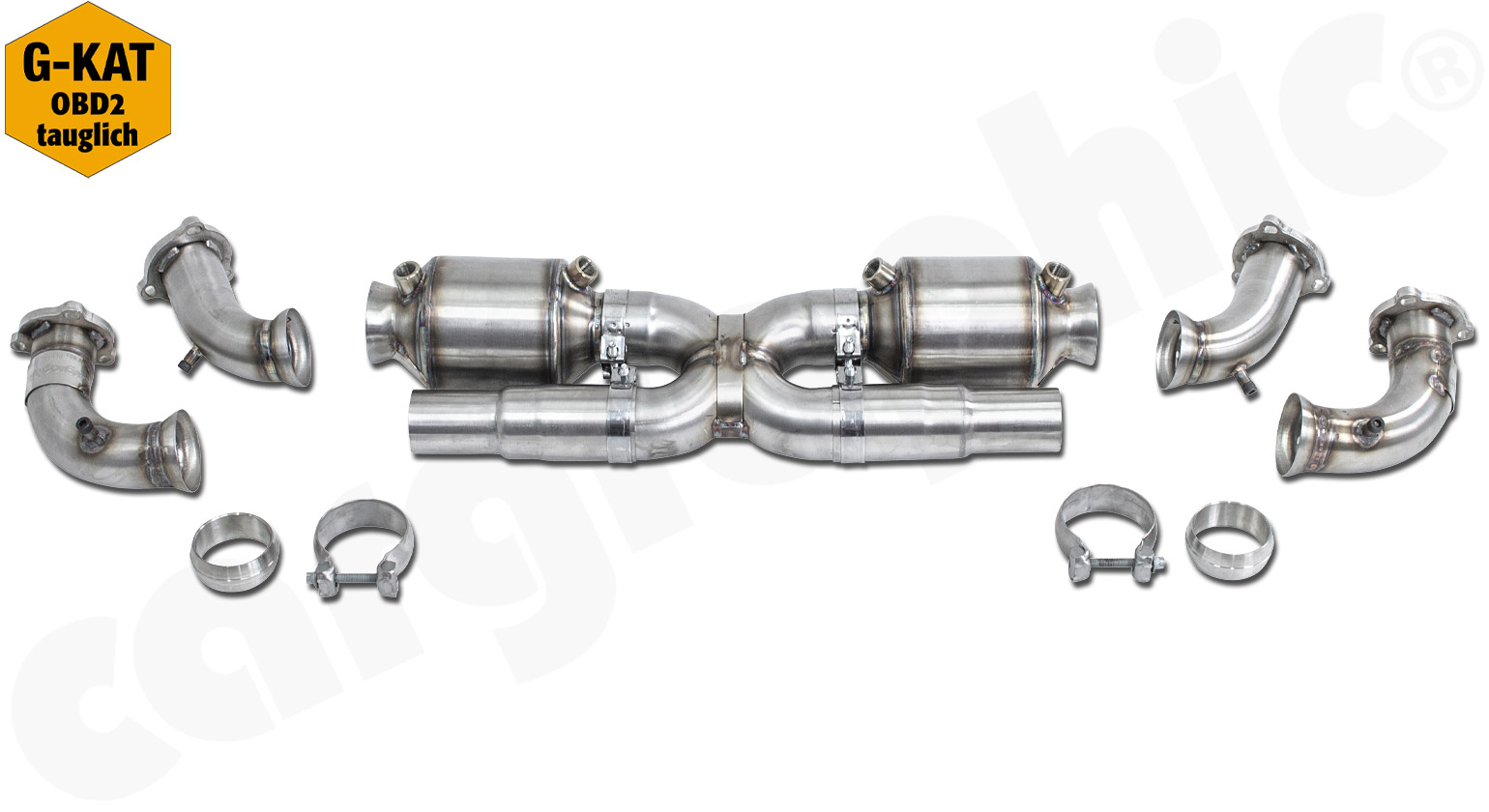 CARGRAPHIC Sportkatalysatorsatz mit 100 Zellen Kats X-Pipe für Porsche 996.2 GT3 3,6L