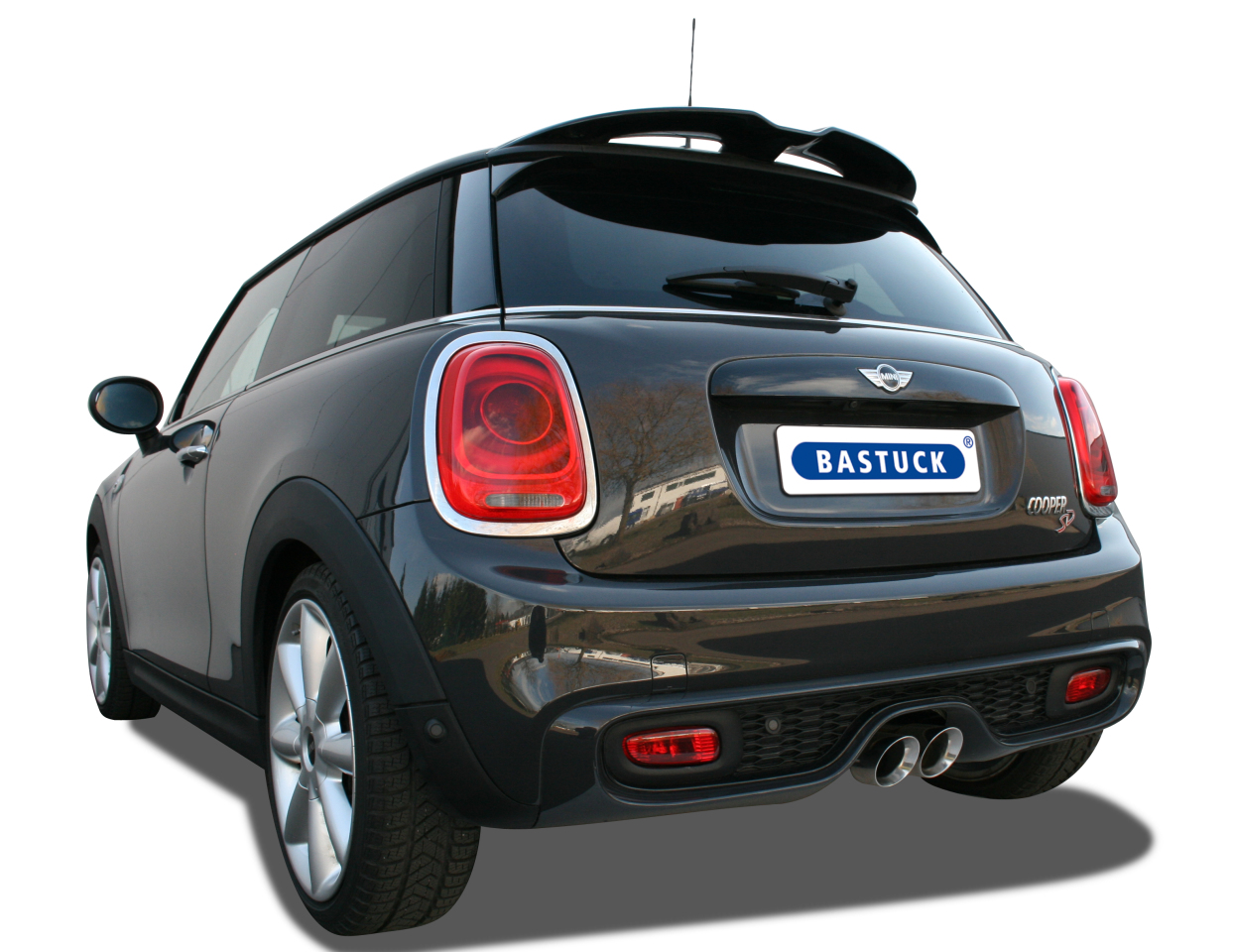 Bastuck Komplettanlage für Mini F56 Typ UKL-L (3-Türer Limousine) ab Turbo 2x90mm, 30° schräg geschnitten, Ausgang mittig